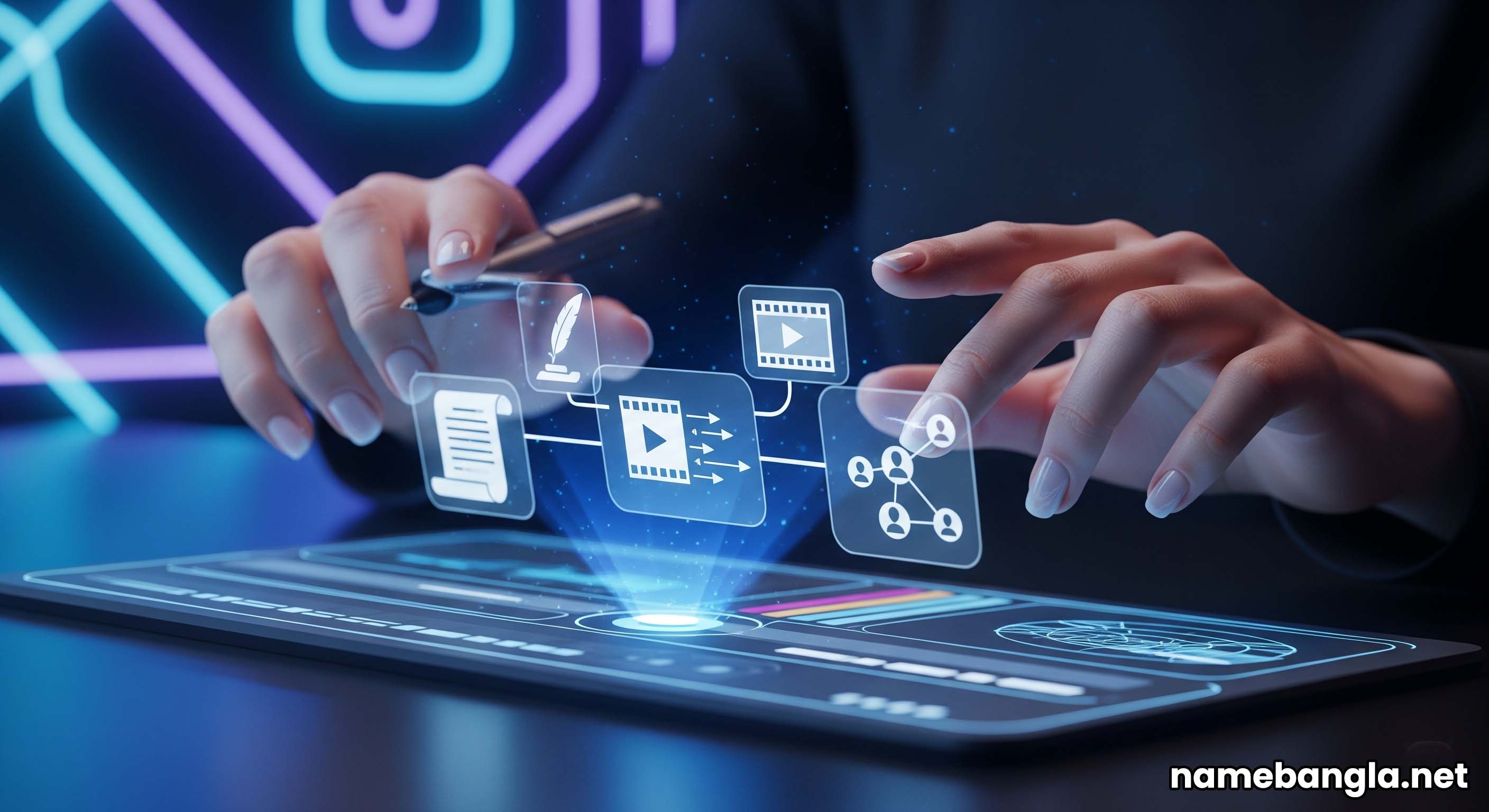 A glowing toolkit icon with AI-powered features for content creators